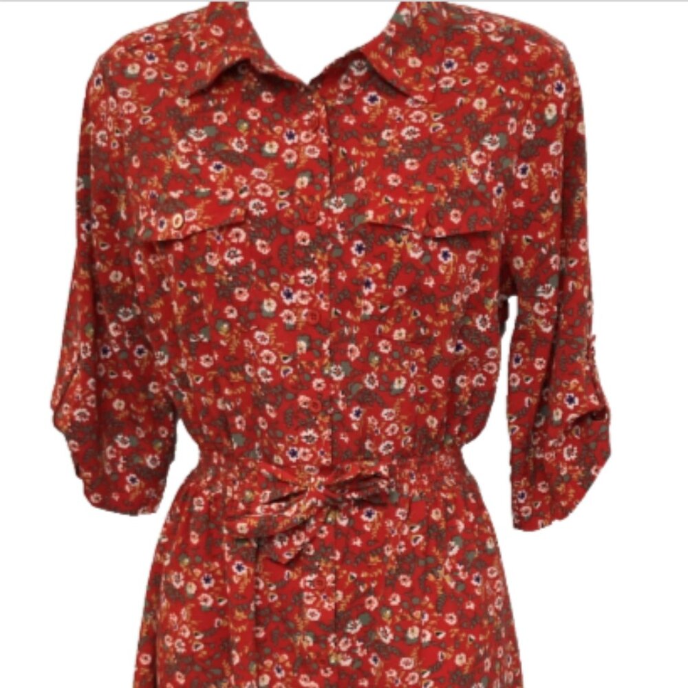 Floral Tie-Waist Shirt Dress in Red